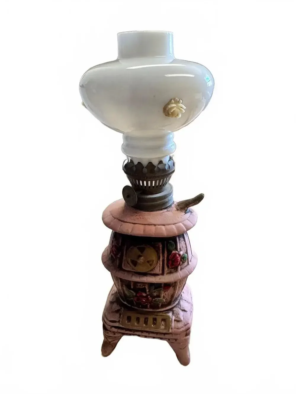 Vintage Potbelly Stove Ceramic Oil Lamp White Milk Glass Shade